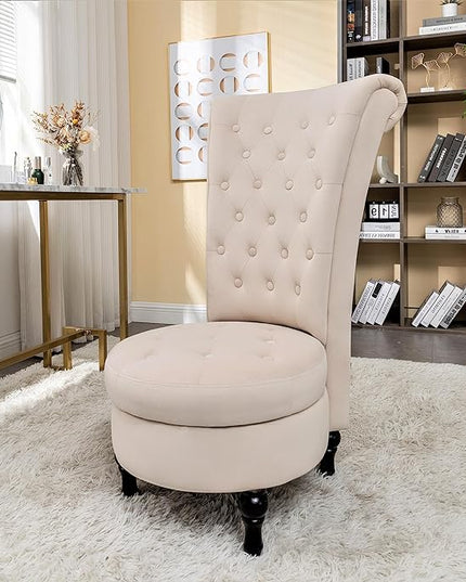 Royal High-Back Velvet Accent Chair for Vanity with Storage and Luxurious Upholstery, Retro Design and Versatile Usage for Living Room, Bedroom, Lounge and Office, Ivory - LeafyLoom