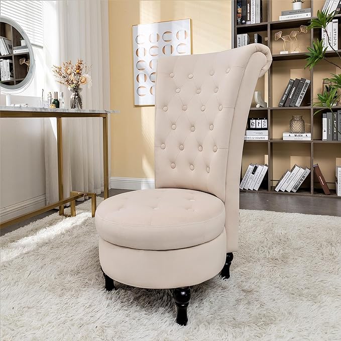Royal High-Back Velvet Accent Chair for Vanity with Storage and Luxurious Upholstery, Retro Design and Versatile Usage for Living Room, Bedroom, Lounge and Office, Ivory - LeafyLoom