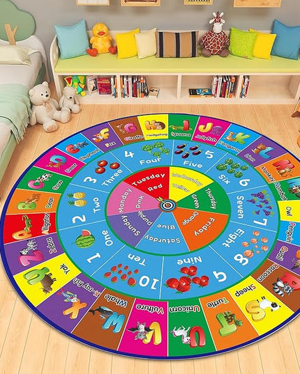 ABC Rug, ABC Play Mat for Kids Playroom, Round Alphabet Floor Mat,Classroom Elementary Preschool Rugs wtih ABC, Numbers, Animals - 47inch - LeafyLoom