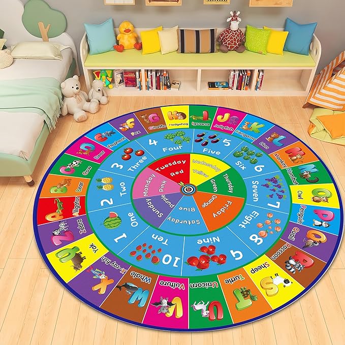 ABC Rug, ABC Play Mat for Kids Playroom, Round Alphabet Floor Mat,Classroom Elementary Preschool Rugs wtih ABC, Numbers, Animals - 63inch - LeafyLoom