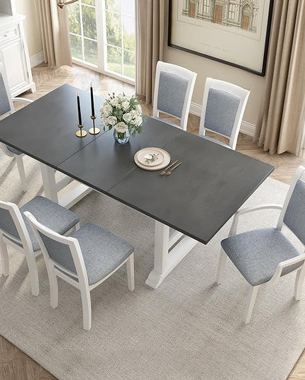 76.9 Inch Dining Table Set for 6, Extendable Dining Table Set with Removable Leaf, Kitchen Table Set with Upholstered Side Chair and Arm Chair for Dining Room, White+Grey - LeafyLoom