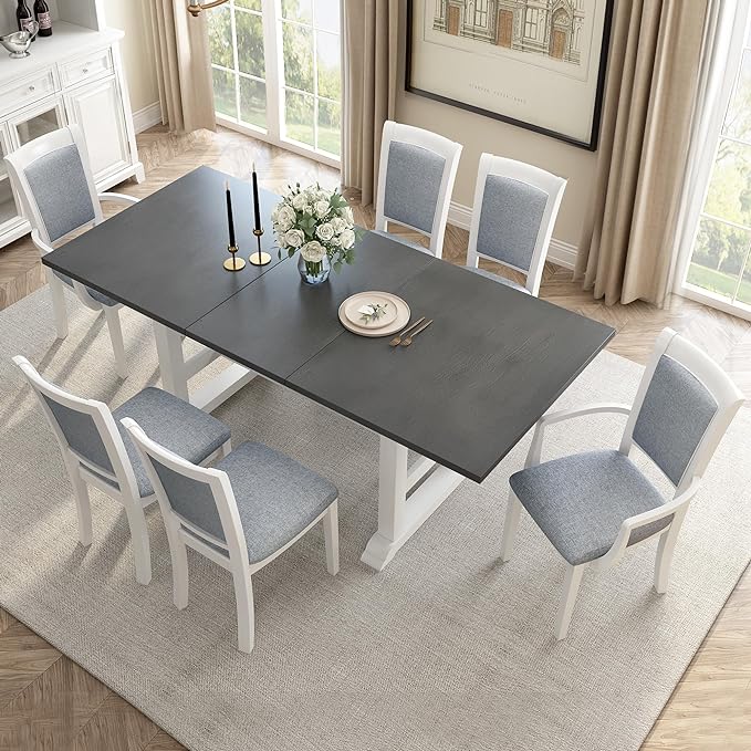 76.9 Inch Dining Table Set for 6, Extendable Dining Table Set with Removable Leaf, Kitchen Table Set with Upholstered Side Chair and Arm Chair for Dining Room, White+Grey - LeafyLoom