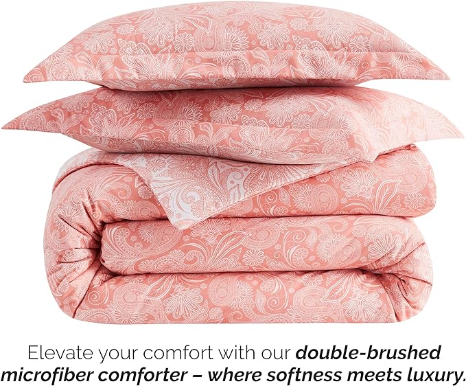 Southshore Fine Living, Inc. Oversized Full/Queen Comforter Set, Down Alternative Paisley Bedspread, Reversible Print is 2 Colors in 1, Queen/Full Comforter & Matching Shams, Coral/White - LeafyLoom