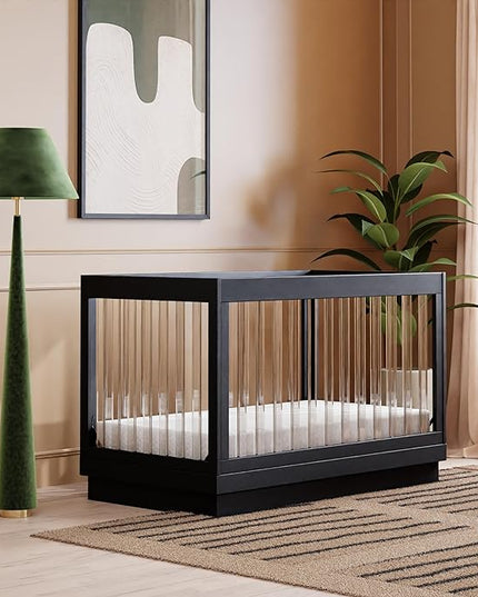Babyletto Harlow Acrylic 3-in-1 Convertible Crib with Toddler Bed Conversion Kit in Black with Acrylic Slats, Greenguard Gold Certified - LeafyLoom