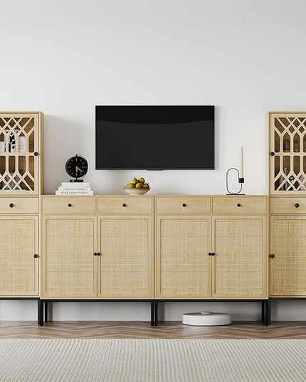 Brafab Set of 2 Tall Cabinet Narrow Storage Linen Cabinet Tall Sideboard Rattan Woven Door Fretwork Pattern Door 1 Drawer - LeafyLoom