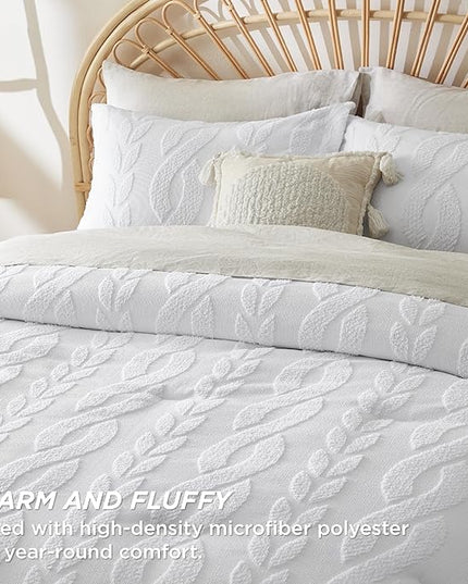 Bedsure King Size Comforter Set White, Boho Tufted Bedding Comforter Set, Farmhouse Jacquard Cable Knit Pattern Bed Set, 3 Pieces, 1 Shabby Chic Fluffy Comforter & 2 Pillow Shams - LeafyLoom
