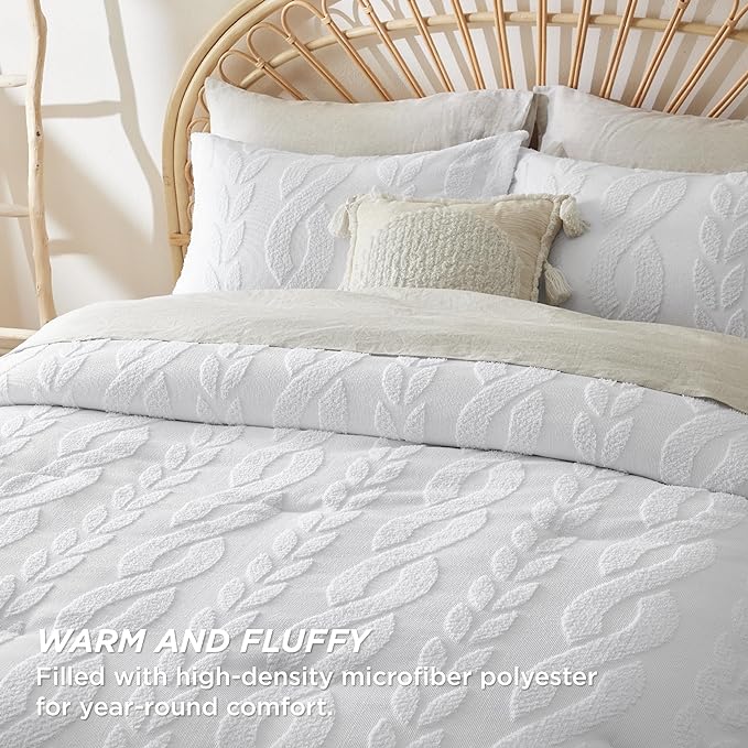 Bedsure King Size Comforter Set White, Boho Tufted Bedding Comforter Set, Farmhouse Jacquard Cable Knit Pattern Bed Set, 3 Pieces, 1 Shabby Chic Fluffy Comforter & 2 Pillow Shams - LeafyLoom