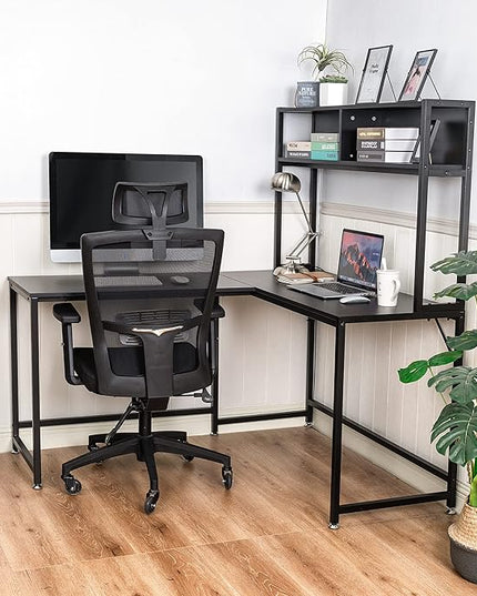 Becko US L Shaped Desk with Hutch, 56 Inch Corner Computer Desk, Home Office Writing Desk with Storage Shelves, Space Saving (Black) - LeafyLoom