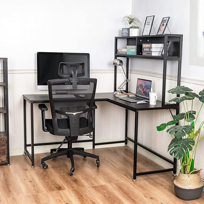 Becko US L Shaped Desk with Hutch, 56 Inch Corner Computer Desk, Home Office Writing Desk with Storage Shelves, Space Saving (Black) - LeafyLoom