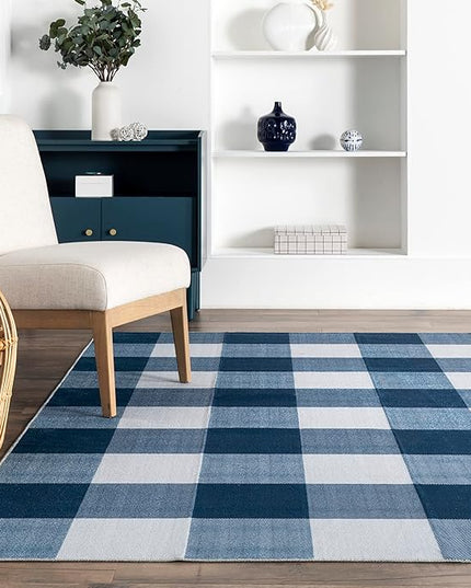 nuLOOM Lucy Machine Washable Farmhouse Buffalo Plaid Ultra Thin Area Rug, 8x10, Blue - LeafyLoom