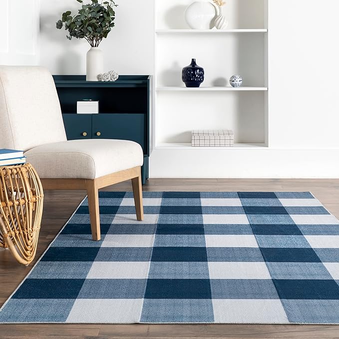 nuLOOM Lucy Machine Washable Farmhouse Buffalo Plaid Ultra Thin Area Rug, 8x10, Blue - LeafyLoom