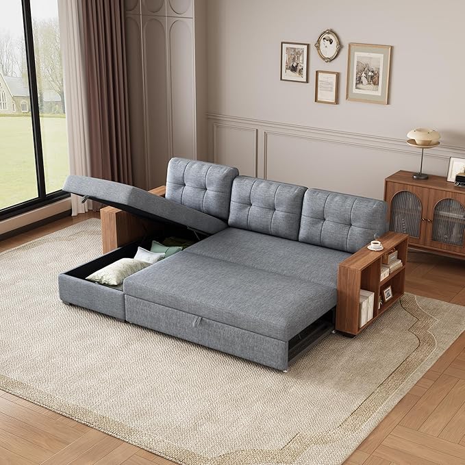 Convertible Sectional Couch with Pull Out Bed and Storage Chaise,L Shaped Sleeper Sofa W/Storage Cabinet Armrests & Removable Back Cushions,Living Room Furniture,for Home,Office,Light Grey,84" - LeafyLoom
