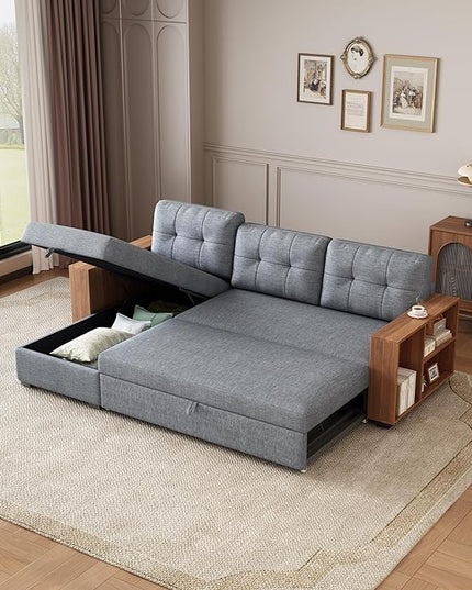 84" Pull Out Sectional Couch with Storage Chaise,L-Shape Upholstered Reversible Sofa Bed W/Hidden Wood Shelf Armrests,Linen Corner Sleeper for LivingRoom Office Apartment,Light Grey - LeafyLoom