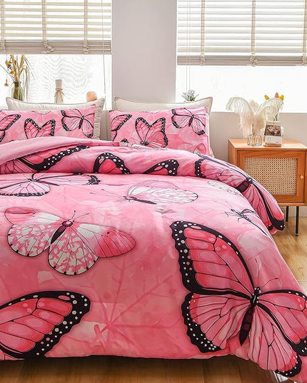 Btargot 3 Piece Pink Butterfly Girls Kids Adults Full Size Comforter Set, Lightweight Soft All Season Bedding Set with 2 Pillowcases - LeafyLoom