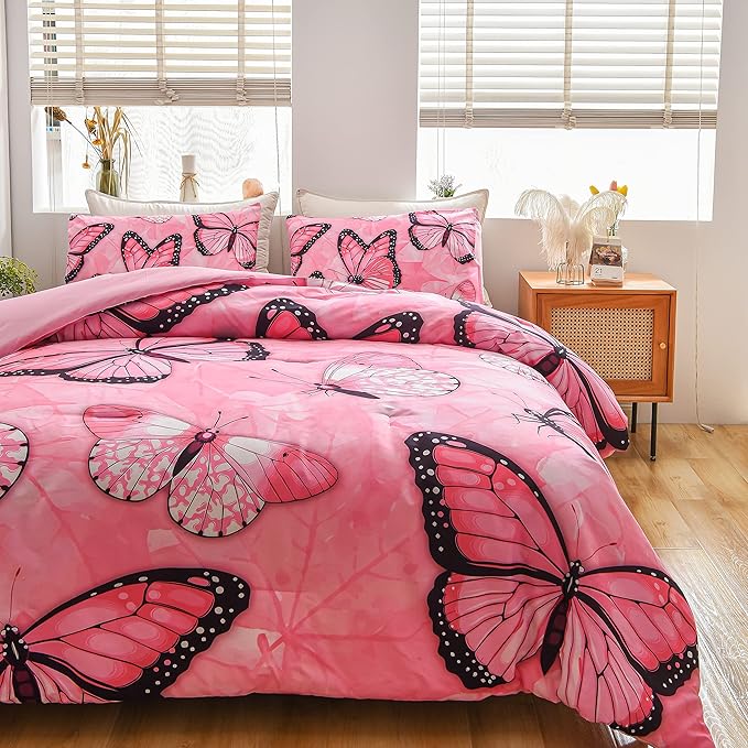 Btargot 3 Piece Pink Butterfly Girls Kids Adults Full Size Comforter Set, Lightweight Soft All Season Bedding Set with 2 Pillowcases - LeafyLoom