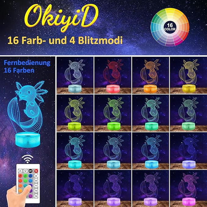 Axolotl Gifts, 3D Illusion Lamp, 3D Axolotl Night Light with Remote and Touch Control, Axolotl Decor for Kids Room, Girls Birthday Gamer Gaming Gifts - LeafyLoom