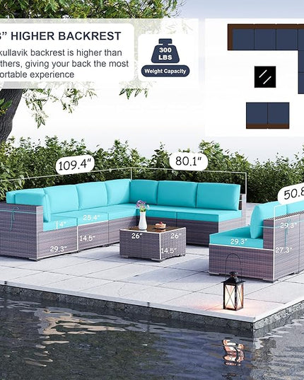 Kullavik 9PCS Outdoor Patio Furniture Set PE Wicker Rattan Sectional Sofa Patio Conversation Sets,Blue - LeafyLoom