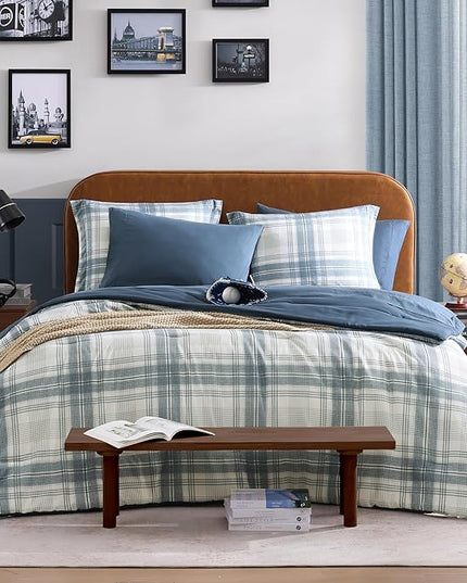 Blue Comforters Queen Size, Plaid Queen Bed Set for Boys & Girls,Classic Homestead-style Queen Size Comforter Sets with Sheets and Comforter Set - LeafyLoom