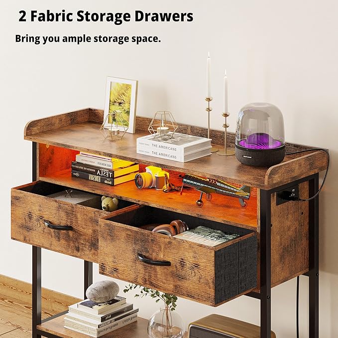 IRONCK Entryway Table with Power Outlet and LED Light, Console Table with 2 Fabric Drawers and Storage Shelves for Entryway, Living Room, Hallway, Vintage Brown - LeafyLoom
