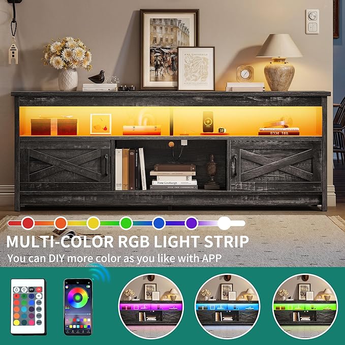 YITAHOME TV Stand with LED Light & Power Outlet, Farmhouse Media Console w/Storage Cabinets for 75 Inch TV, Rustic Entertainment Center Table TV Cabinet for Living Room, 65'' Large TV Stand, Dark Grey - LeafyLoom