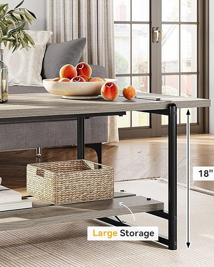 Towallmark 2-Tier Wood Coffee Table, Farmhouse Coffee Table with Storage Shelf- Rustic Metal Rectangle Center Living Room Coffee Table Accent Furniture for Home Office (Gray) - LeafyLoom