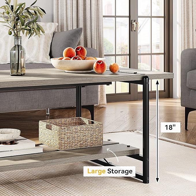 Towallmark 2-Tier Wood Coffee Table, Farmhouse Coffee Table with Storage Shelf- Rustic Metal Rectangle Center Living Room Coffee Table Accent Furniture for Home Office (Gray) - LeafyLoom