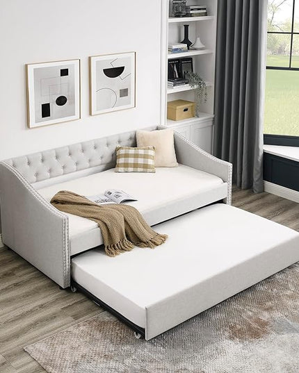 Twin Size Upholstered Daybed with Trundle,Button Tufted Sofa Bed with Nailhead Trim for Bedroom,Livingroom,Guest Room,Beige (80.5"x41"x30.5") - LeafyLoom