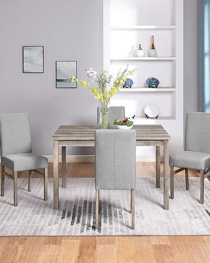 Modern 5 Pcs Set, Including Solid Wood Rectangle Table, 4 Upholstered Dining Chairs and Bench, for Kitchen, Living Room, Small Apartment, Antique Yellow+Gray - LeafyLoom