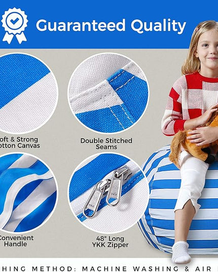Aubliss Stuffed Animal Bean Bag Storage Chair (Blue/White Striped, Medium (32'')) - LeafyLoom