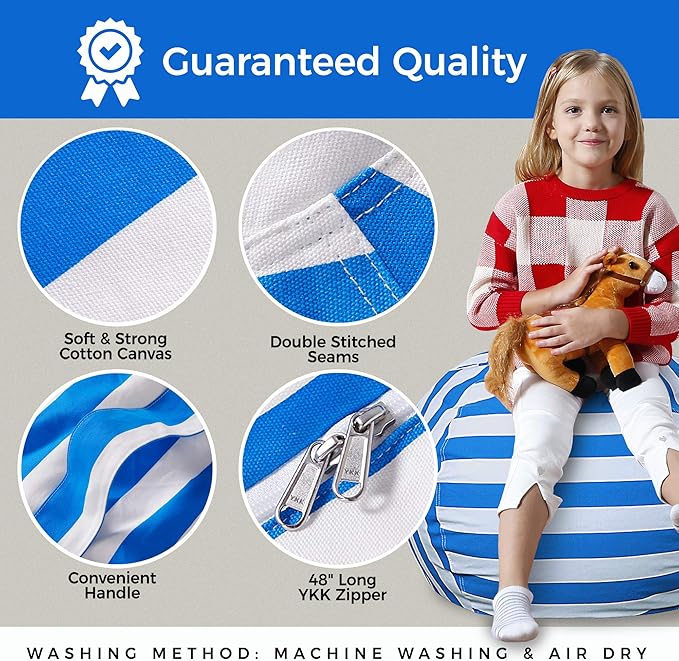 Aubliss Stuffed Animal Bean Bag Storage Chair (Blue/White Striped, Medium (32'')) - LeafyLoom