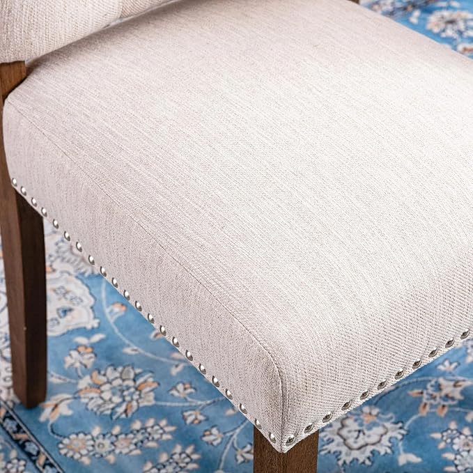 Stylish Upholstered Nailhead Trim and Sturdy Solid Wood Legs Parson Dining Chair, Set of 6, Beige - LeafyLoom