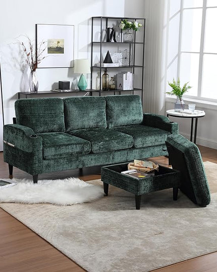 Convertible Sectional Sofa with Movable Storage Ottoman and Cupholders, 3 Seater L-Shaped Corner Couch,Chenille Upholstered Furniture w/Detachable Thicked Cushions for Living Room, Small Space - LeafyLoom