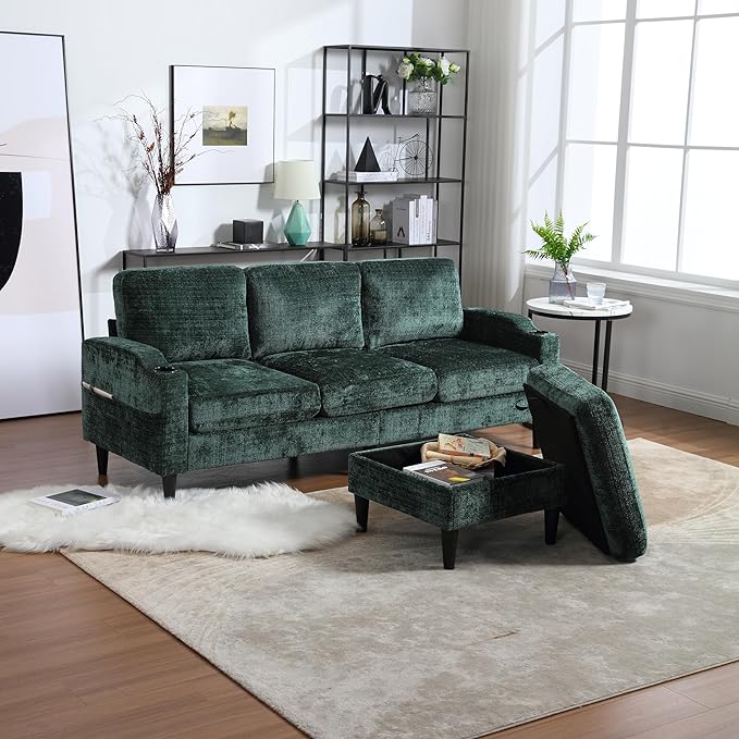 Convertible Sectional Sofa with Movable Storage Ottoman and Cupholders, 3 Seater L-Shaped Corner Couch,Chenille Upholstered Furniture w/Detachable Thicked Cushions for Living Room, Small Space - LeafyLoom