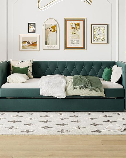 Twin Size Tufted Upholstered Daybed with Trundle, Solid Wood Velvet Bed with Rivet Design, No Box-spring Needed, for Living Room, Bedroom, Dorm, Space-Saving Design - LeafyLoom