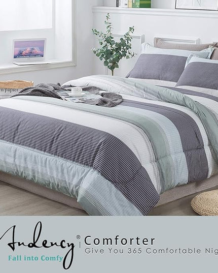 Andency Stripe Comforter Set Queen Size (90x90 Inch), 3 Pieces Mint Green Patchwork Striped Comforter, Soft Microfiber Down Alternative Comforter Bedding Set with Corner Loops - LeafyLoom