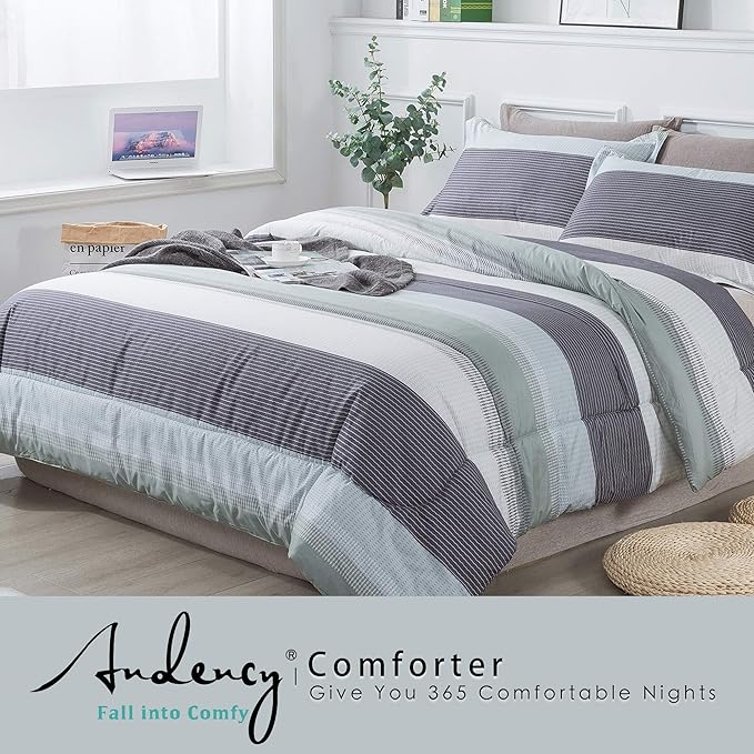 Andency Stripe Comforter Set Full Size (79x90 Inch), 3 Pieces Mint Green Patchwork Striped Comforter, Soft Microfiber Down Alternative Comforter Bedding Set with Corner Loops - LeafyLoom