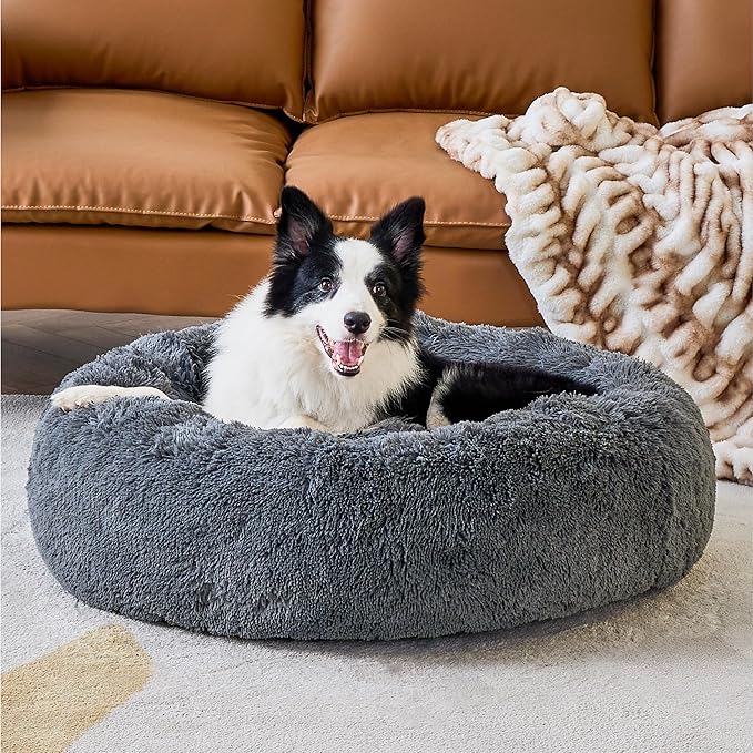 Bedsure Calming Dog Bed for Large Dogs - Donut Washable Large Pet Bed, 36 inches Anti-Slip Round Fluffy Plush Faux Fur Dog Bed, Fits up to 100 lbs Pets, Dark Grey BEDSURE