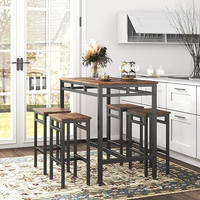 NicBex Dining Table Set for 4 Kitchen Table Set Bar Table Set 5Pc Dinging Table Set with High Stools for Dining Room, Small Space, Apartment, Structural Strengthening, Industrial Style, Rustic Brown - LeafyLoom