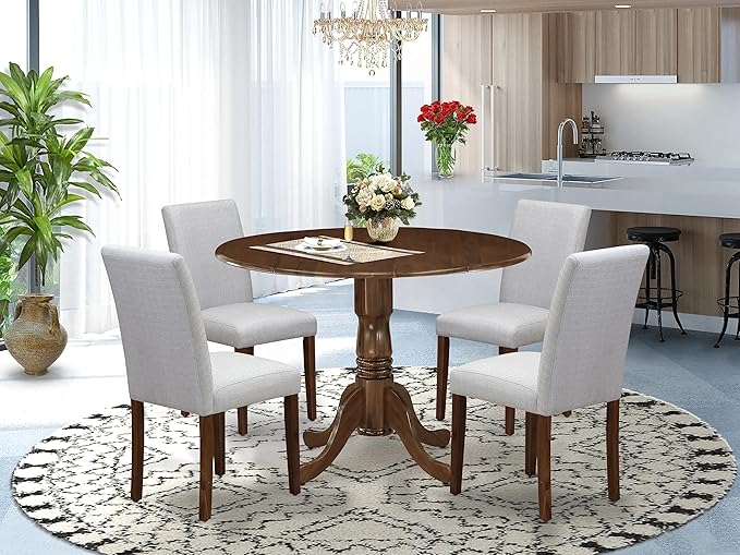 East West Furniture DLAB5-AWA-05 Dublin 5 Piece Set Contains a Round Dining Room Table with Dropleaf and 4 Upholstered Chairs, 42x42 Inch - LeafyLoom