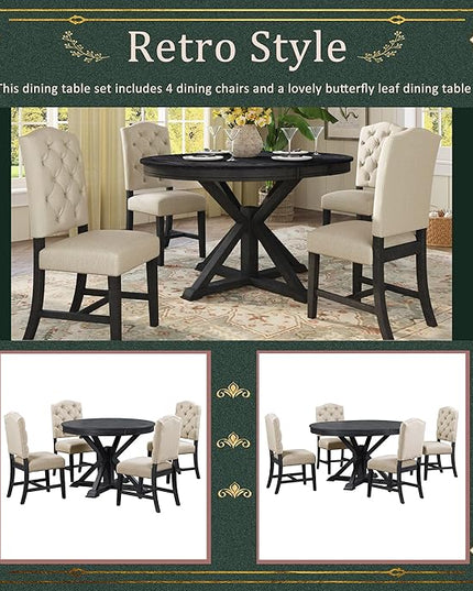 5-Piece Retro Style Dinette Sets with Round Extendable Kitchen Dining Table, 4 Upholstered Chairs, for Diningroom Living Room, Easy to Assemble, Espresso 5 - LeafyLoom