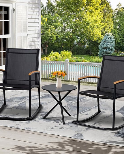 Shintenchi 3 Piece Outdoor Rocking Bistro Set, Textilene Fabric Small Patio Furniture Set, Front Porch Rocker Chairs Conversation Set with Table for Lawn, Garden, Balcony, Poolside (Black) - LeafyLoom