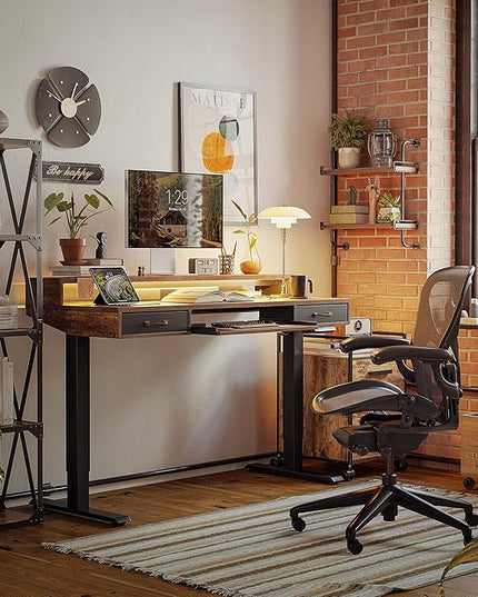 FEZIBO 48 x 24 Inch Height Adjustable Electric Standing Desk with Double Drawers&Keyboard Tray, Stand Up Desk with LED Strips, Sit Stand Desk with Monitor Stand, Rustic Brown - LeafyLoom