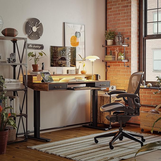 FEZIBO 48 x 24 Inch Height Adjustable Electric Standing Desk with Double Drawers&Keyboard Tray, Stand Up Desk with LED Strips, Sit Stand Desk with Monitor Stand, Rustic Brown - LeafyLoom