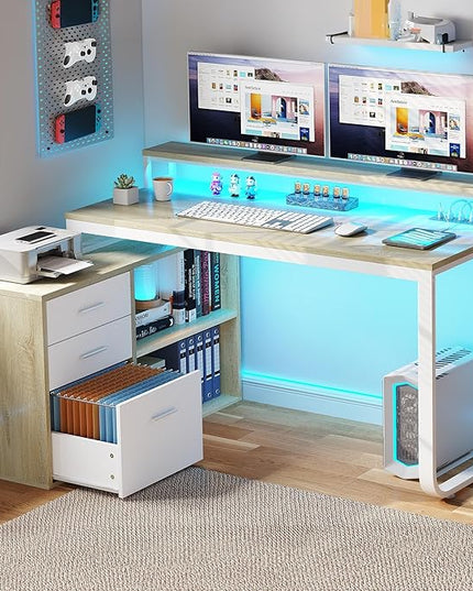 YITAHOME L Shaped Desk with Drawers, 55" Corner Computer Desk with Power Outlets, L-Shaped Desk with LED Lights & File Cabinet for Home Office, White & Oak - LeafyLoom