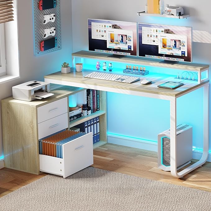 YITAHOME L Shaped Desk with Drawers, 55" Corner Computer Desk with Power Outlets, L-Shaped Desk with LED Lights & File Cabinet for Home Office, White & Oak - LeafyLoom