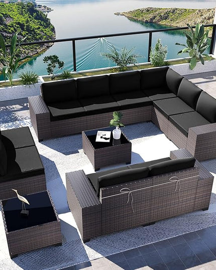 Kullavik 12PCS Outdoor Patio Furniture Set PE Wicker Rattan Sectional Sofa Patio Conversation Sets,Black - LeafyLoom