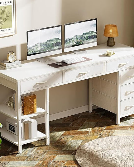 Computer Desk with 6 Drawers, 54 Inch Office Desk with Shelves, Reversible Gaming Desk, Corner Desk with Storage, Work Desk for Home Office, Study, Living Room, White - LeafyLoom