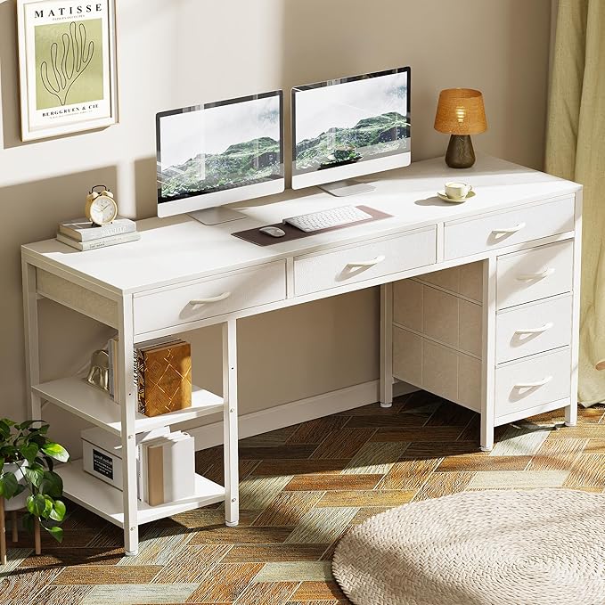 Computer Desk with 6 Drawers, 54 Inch Office Desk with Shelves, Reversible Gaming Desk, Corner Desk with Storage, Work Desk for Home Office, Study, Living Room, White - LeafyLoom