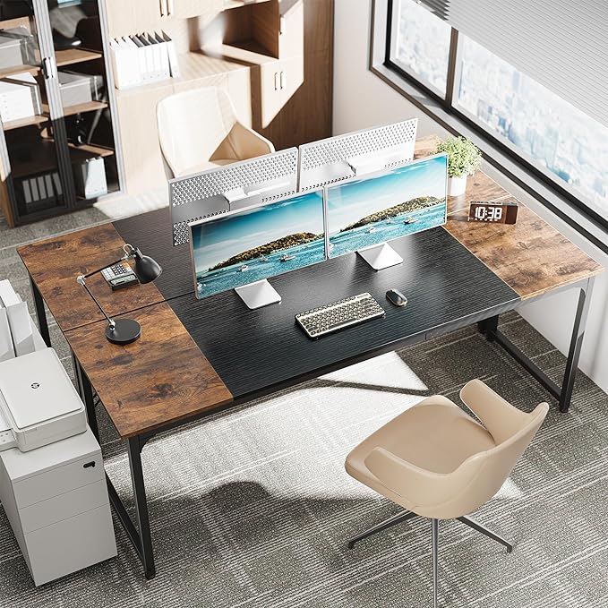 Computer Desk, 80 Inch Office Desk, Gaming Desk with Storage, Writing Desk Work Desk for Home Office, Study, Long Simple Desk, Large Legroom, Metal Frame, Rustic Brown and Black - LeafyLoom