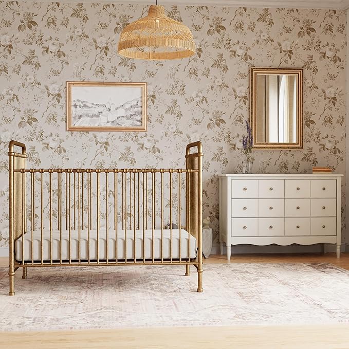 NAMESAKE Abigail 3-in-1 Convertible Metal Crib in Vintage Gold, Greenguard Gold Certified - LeafyLoom